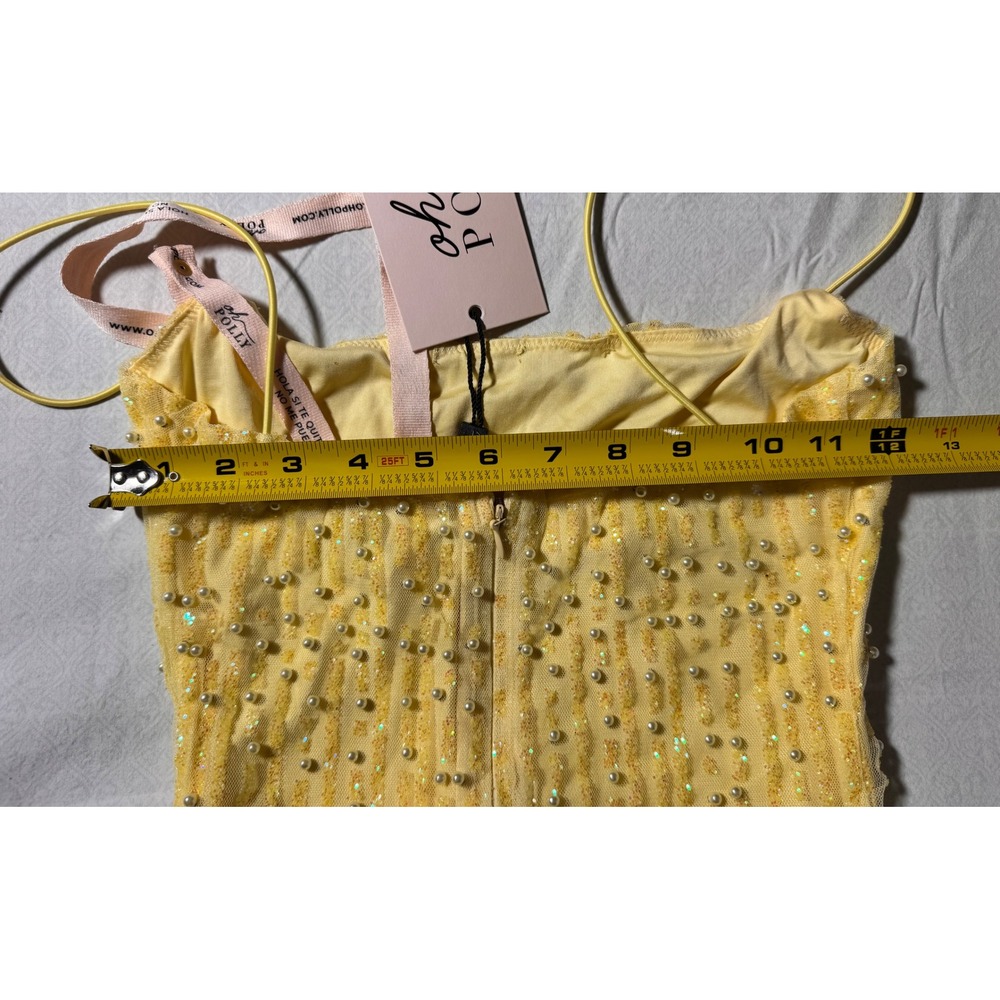 Oh Polly Yellow Pearl Sequin Mesh Mini Dress Spaghetti Strap Bodycon US 2 new - Picture 8 of 9